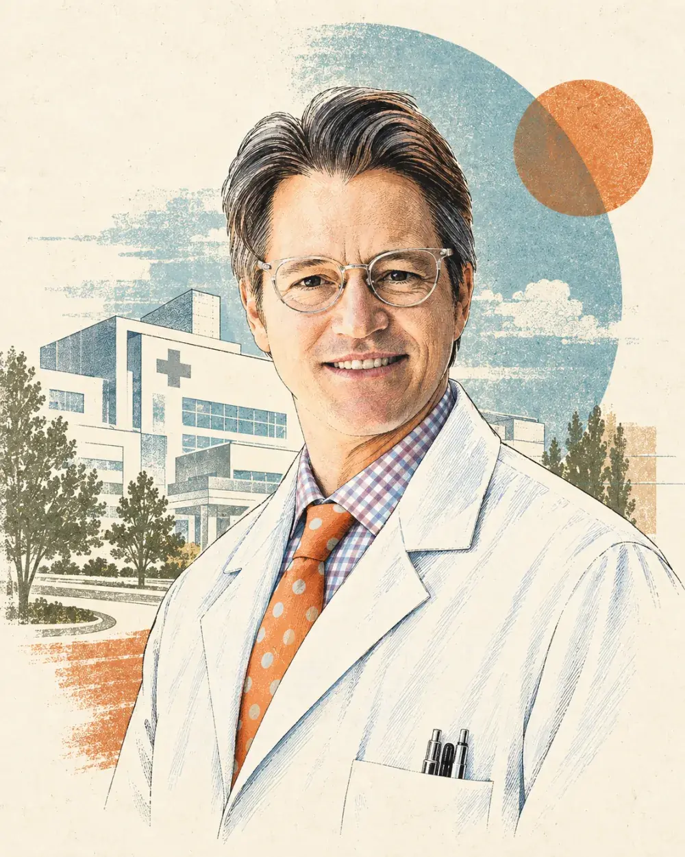 Illustrated portrait of Joseph M. Sharpe, MD, in a white coat, with Ascension St. Thomas Midtown behind him